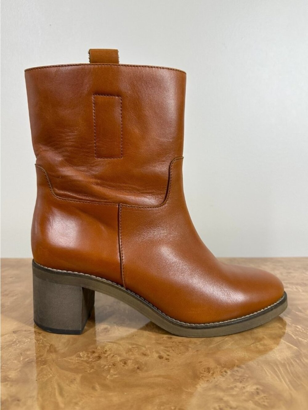 Free People Tabby Cognac Leather Block Heel Pull On Ankle Boots Women's EU 40